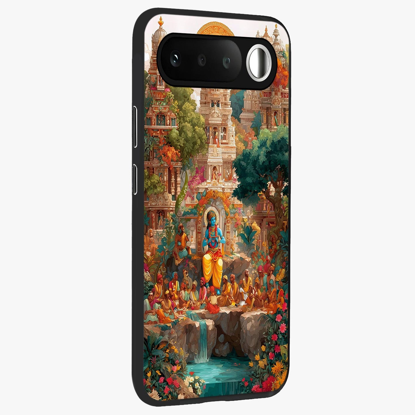 Sacred Sunlight Gods Glass Case upright view showcasing glowing divine artwork with sacred mythological theme.