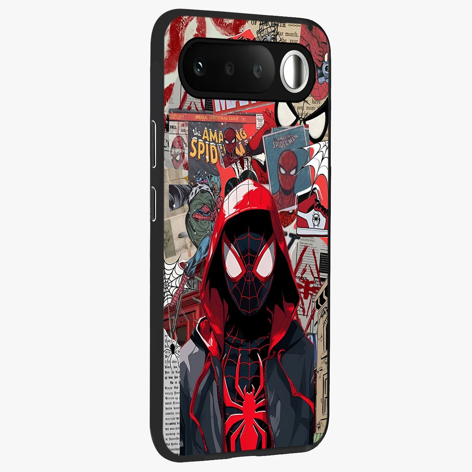 Spider Collage Street Glass Case upright view showcasing bold superhero artwork with urban street theme.