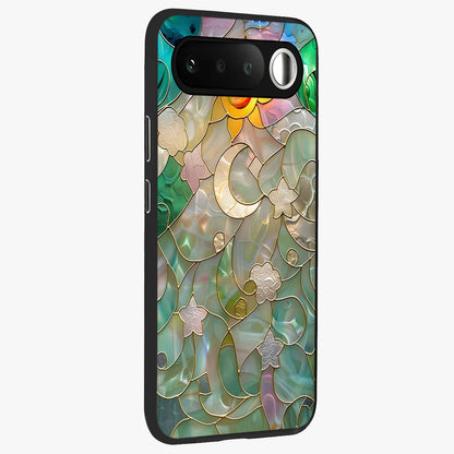 Stained Sunrise Glow Glass Case upright view showcasing colorful sunrise artwork with warm morning theme.