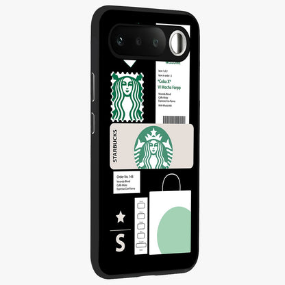Starbucks Mocha Glass Case upright view showcasing trendy coffee inspired artwork with modern lifestyle theme.