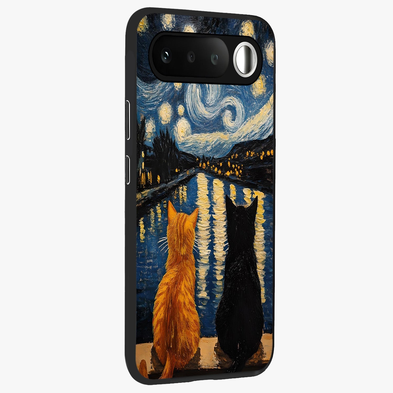 Starry River Cats Glass Case upright view showcasing adorable cat artwork with magical river and stars theme.