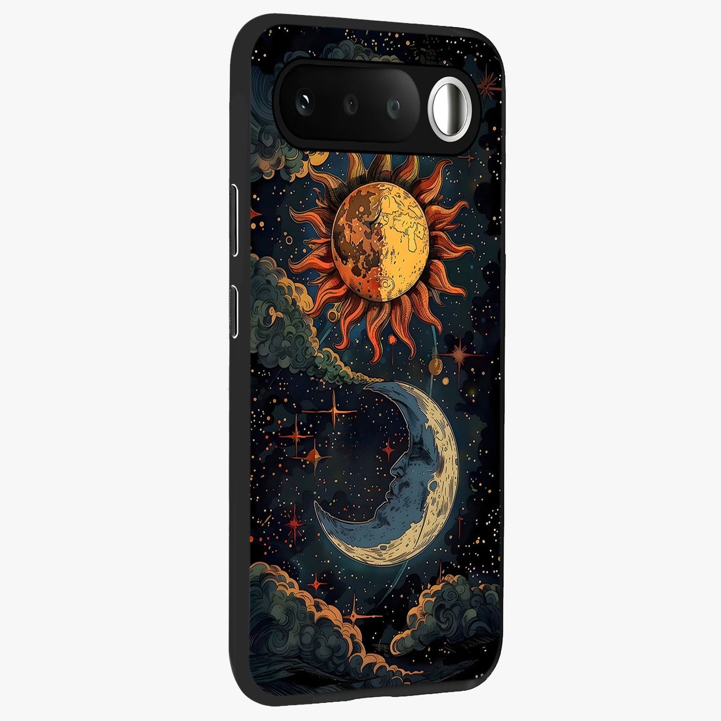 Sun And Moon Magic Design Glass Case upright view showcasing decorative sun and moon artwork with spiritual celestial theme.