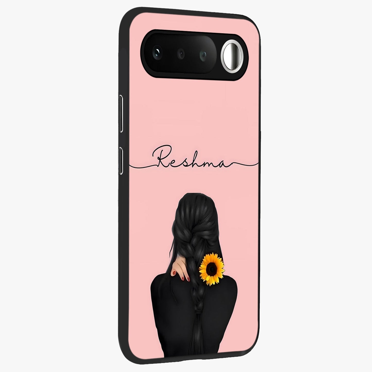 Sunflower Braid Beauty With Custom Name Glass Case upright view showcasing bright sunflower artwork with personalized floral aesthetic.