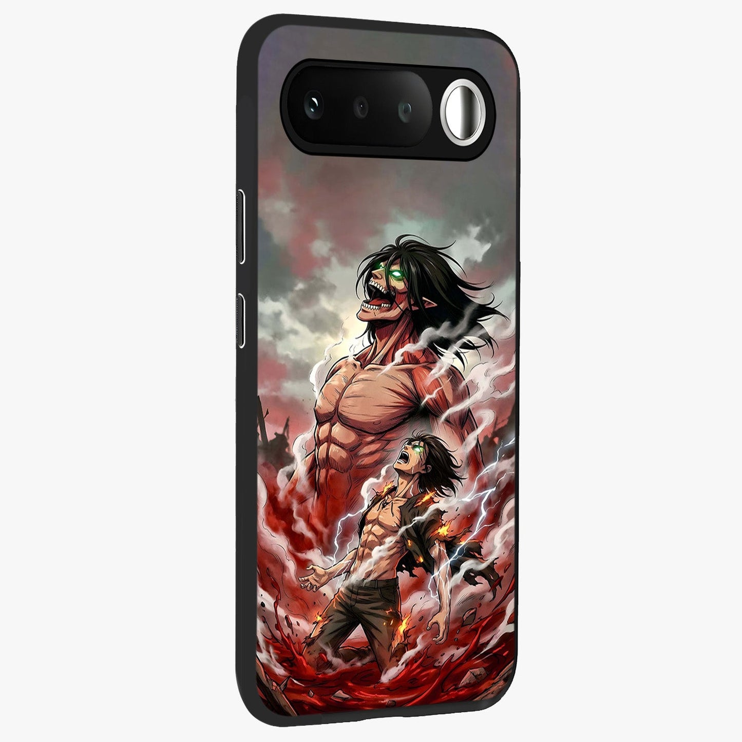 Titan Awakening Fury Glass Case upright view showcasing intense titan artwork with epic fantasy theme.