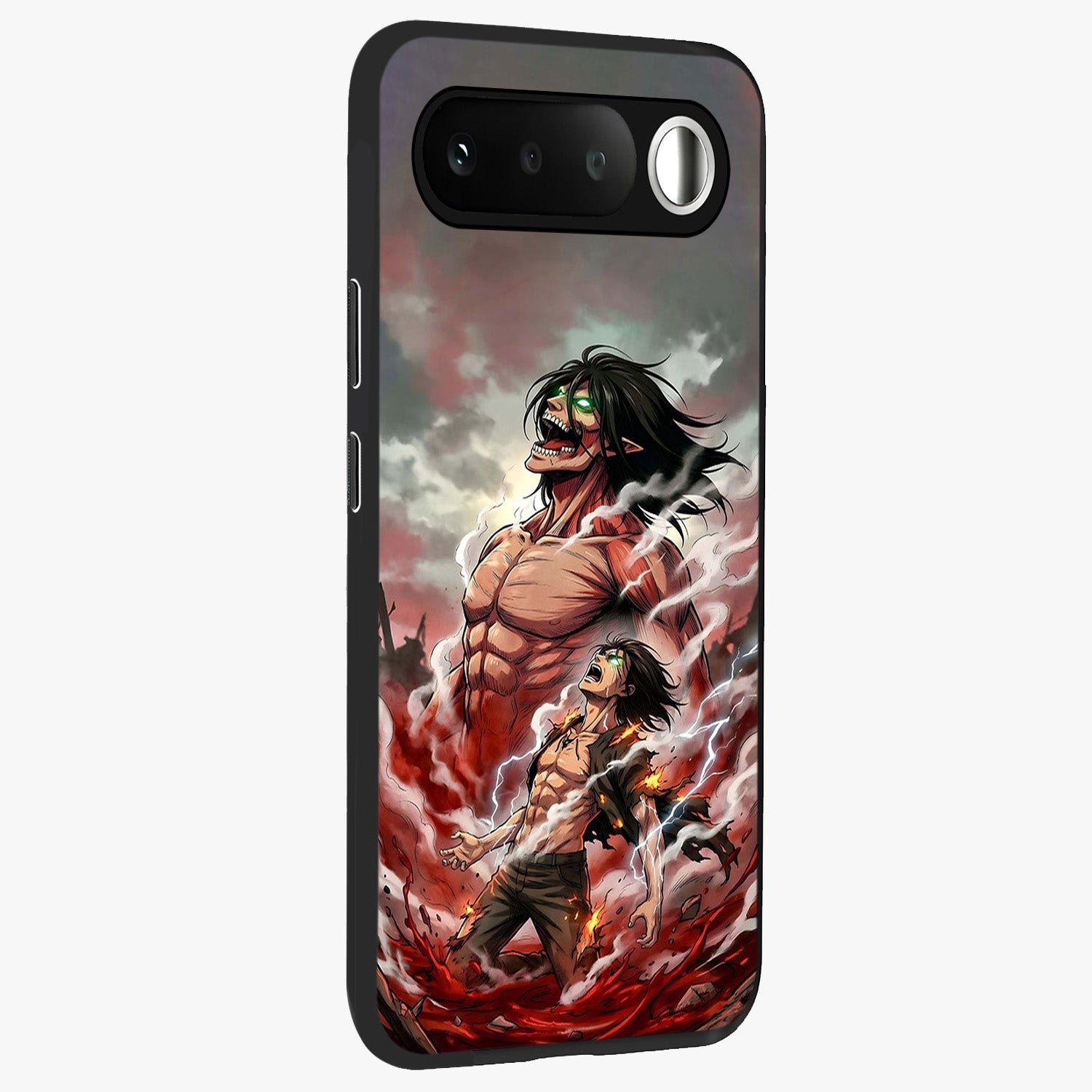 Titan Awakening Fury Glass Case upright view showcasing intense titan artwork with epic fantasy theme.