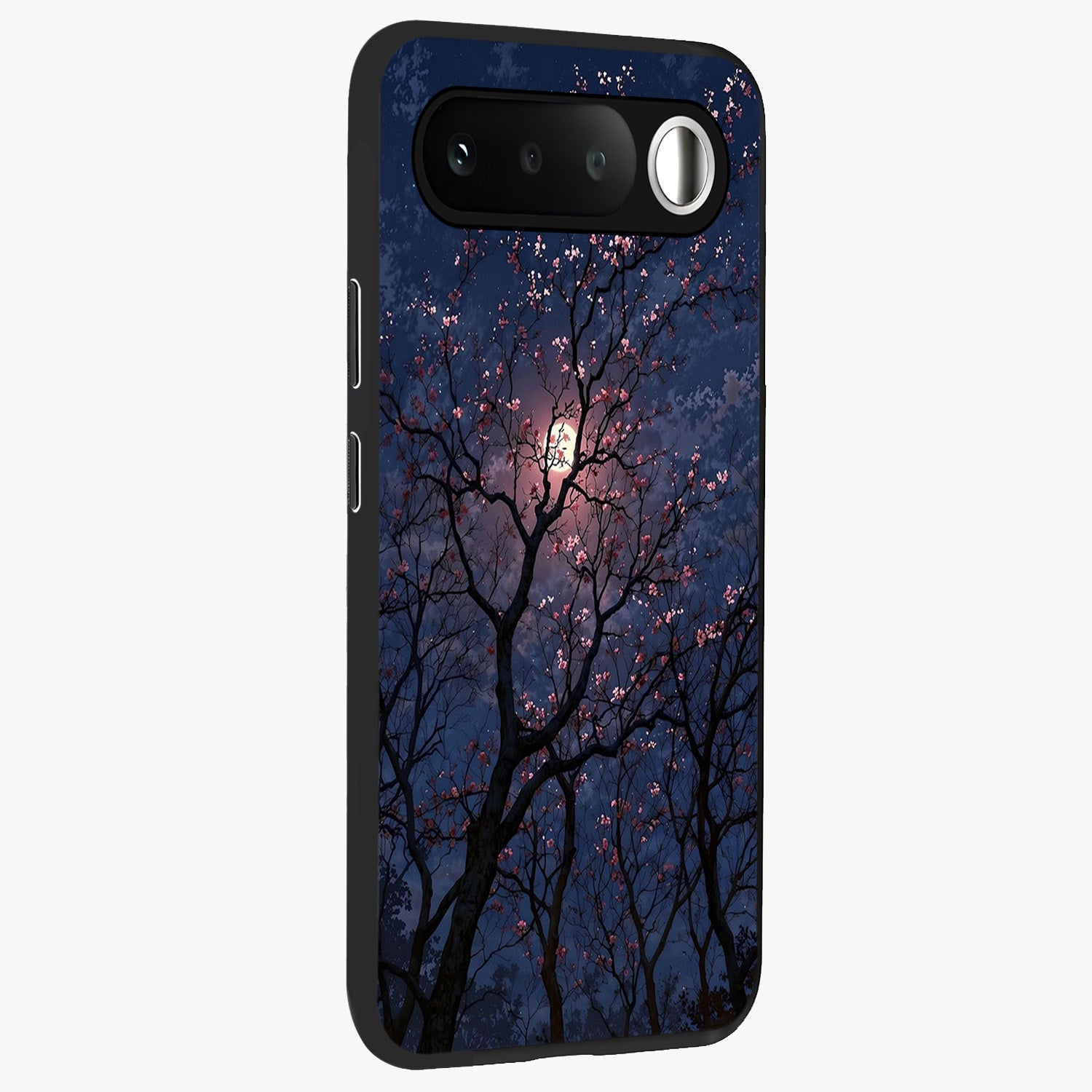 Twilight Sakura Serenade Glass Case upright view showcasing beautiful cherry blossom artwork with serene evening theme.