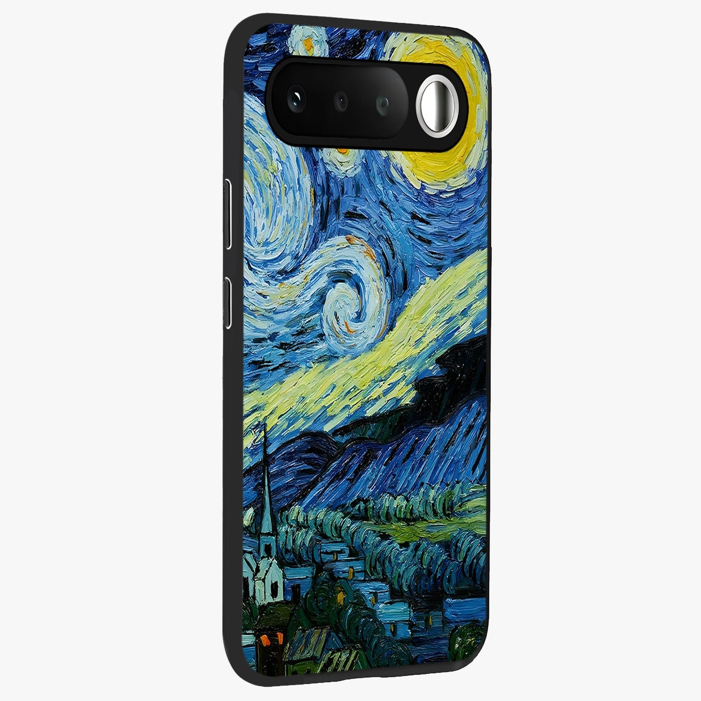 Van Gogh Art Glass Case upright view showcasing expressive painting style artwork with timeless artistic theme.