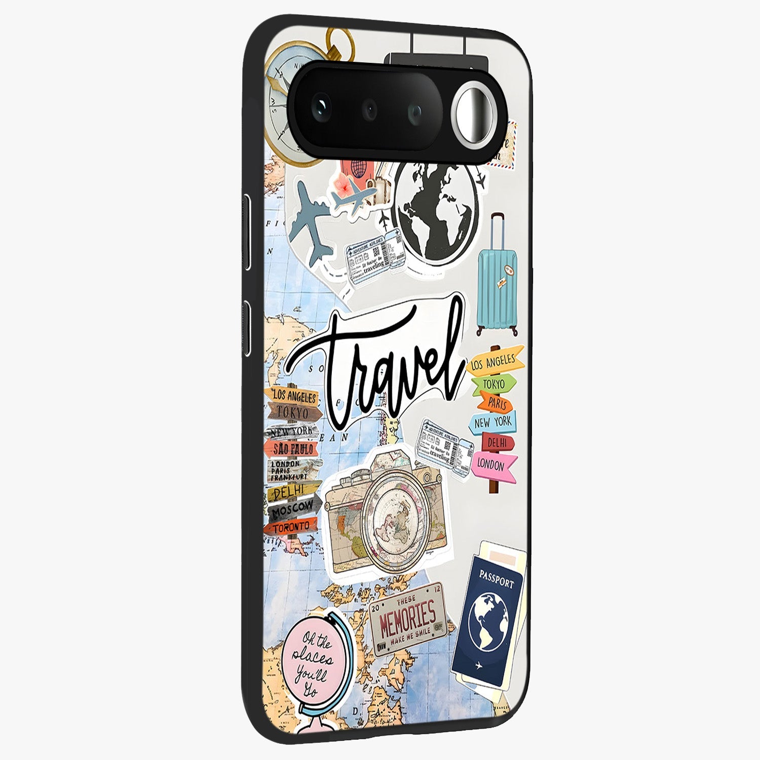 Wanderlust Journal Glass Case upright view showcasing wanderlust inspired artwork with creative exploration theme.