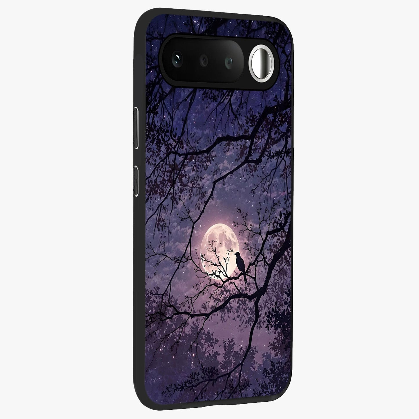 Whispering Moon Silence Glass Case upright view showcasing peaceful moon artwork with tranquil celestial theme.