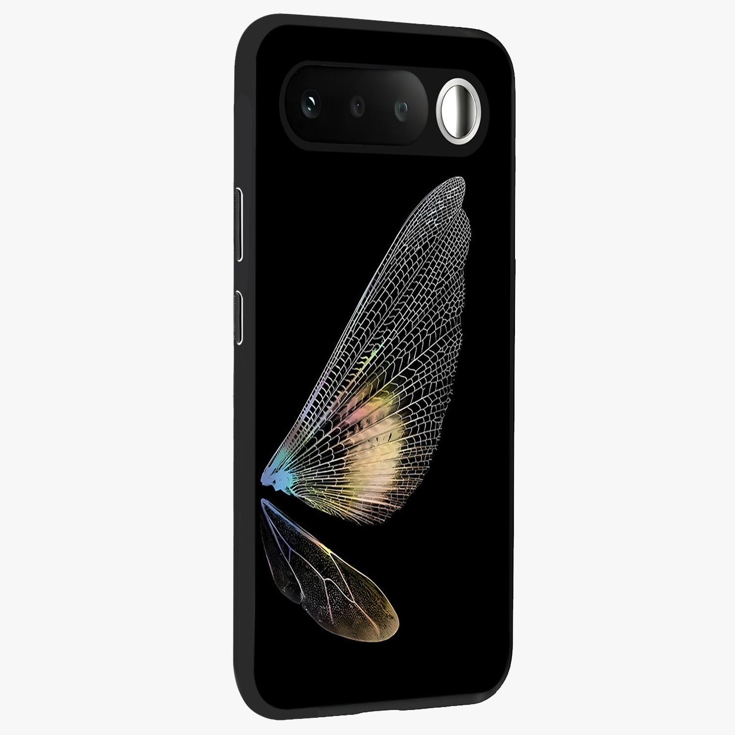 Whispers Of Wings Glass Case upright view showcasing elegant wing artwork with light airy theme.