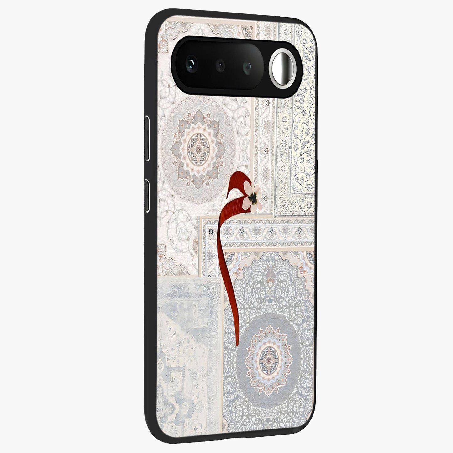 White Aesthetic Bow Glass Case upright view showcasing delicate ribbon bow artwork with cute minimalist theme.