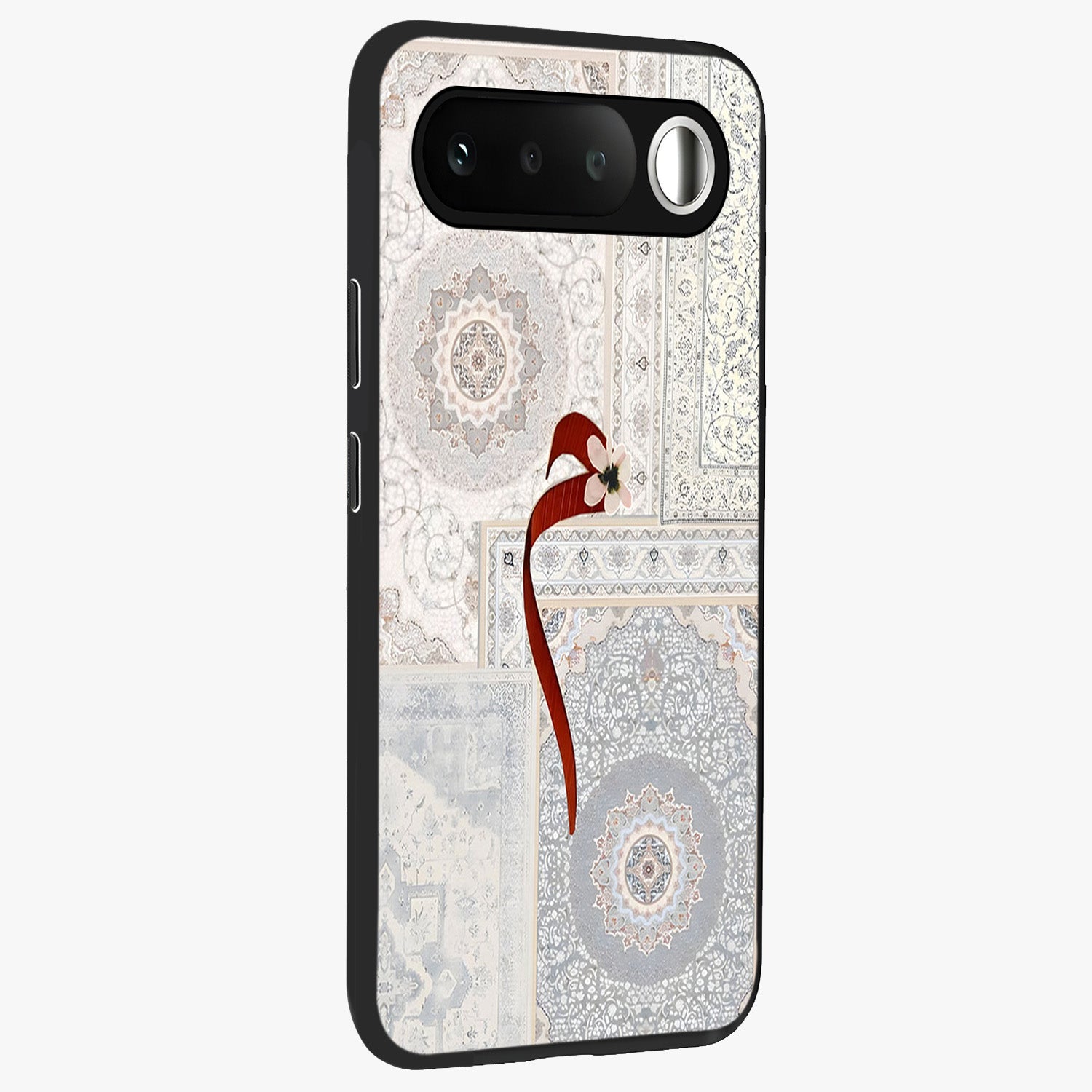 White Aesthetic Bow Glass Case upright view showcasing delicate ribbon bow artwork with cute minimalist theme.