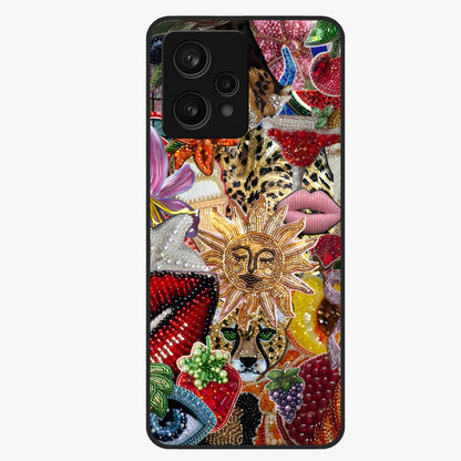 Beaded Fashion Jungle Glass Case showing flat back view with vibrant jungle inspired bead artwork and glossy glass finish.