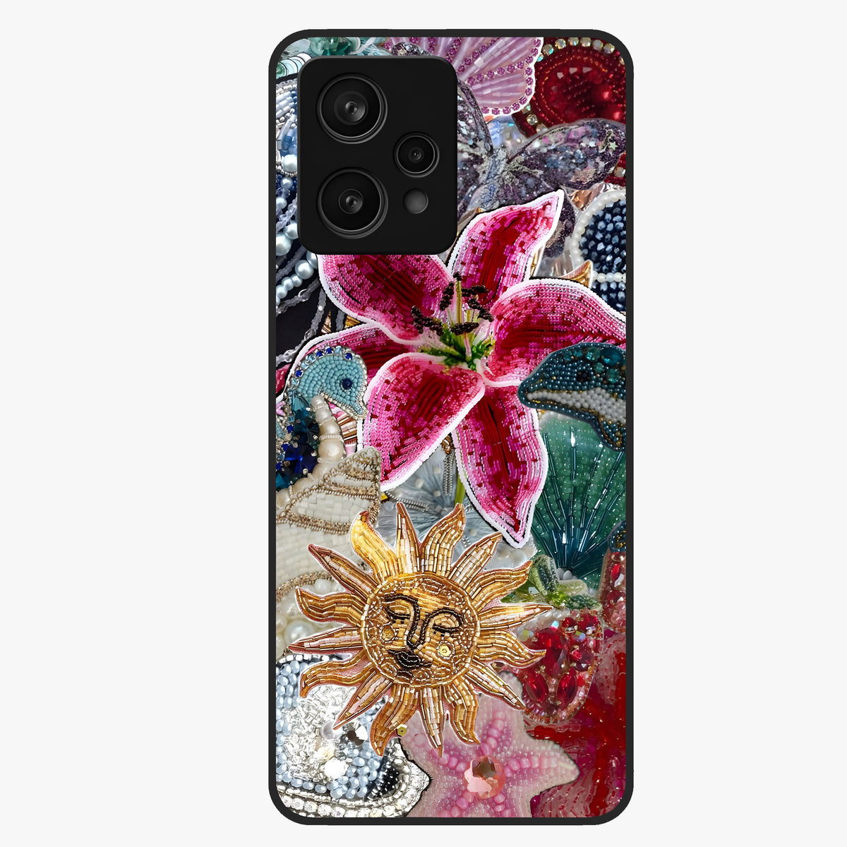 Beaded Garden Fantasy Glass Case showing flat back view with dreamy garden bead artwork and glossy glass finish.