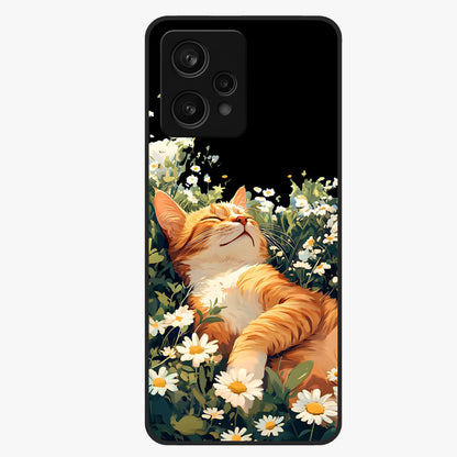 Blissful Bloom Cat Glass Case showing flat back view with cute cat and floral bloom artwork and glossy glass finish.