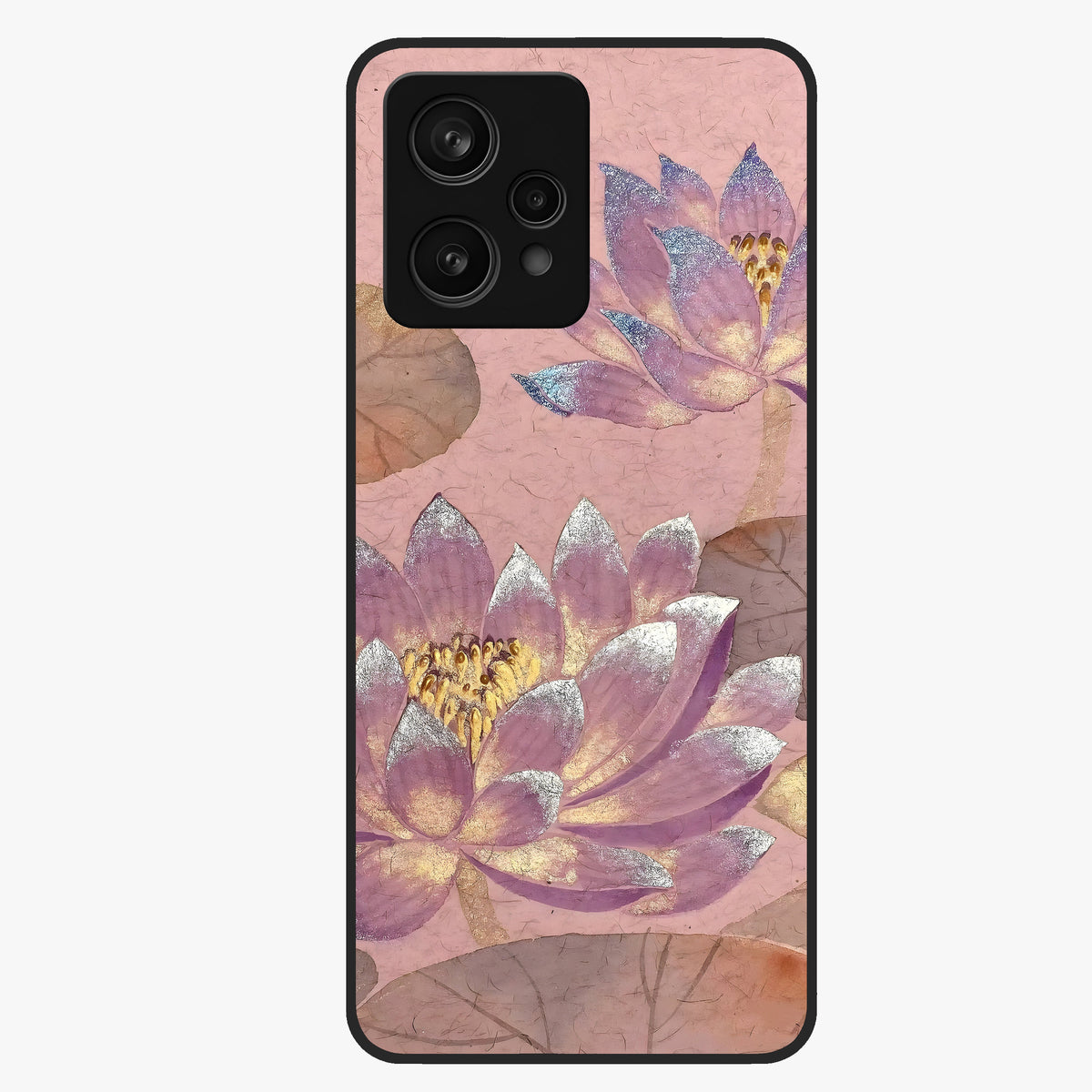 Blossom Mist Lotus Glass Case showing flat back view with serene lotus blossom artwork and glossy glass finish.