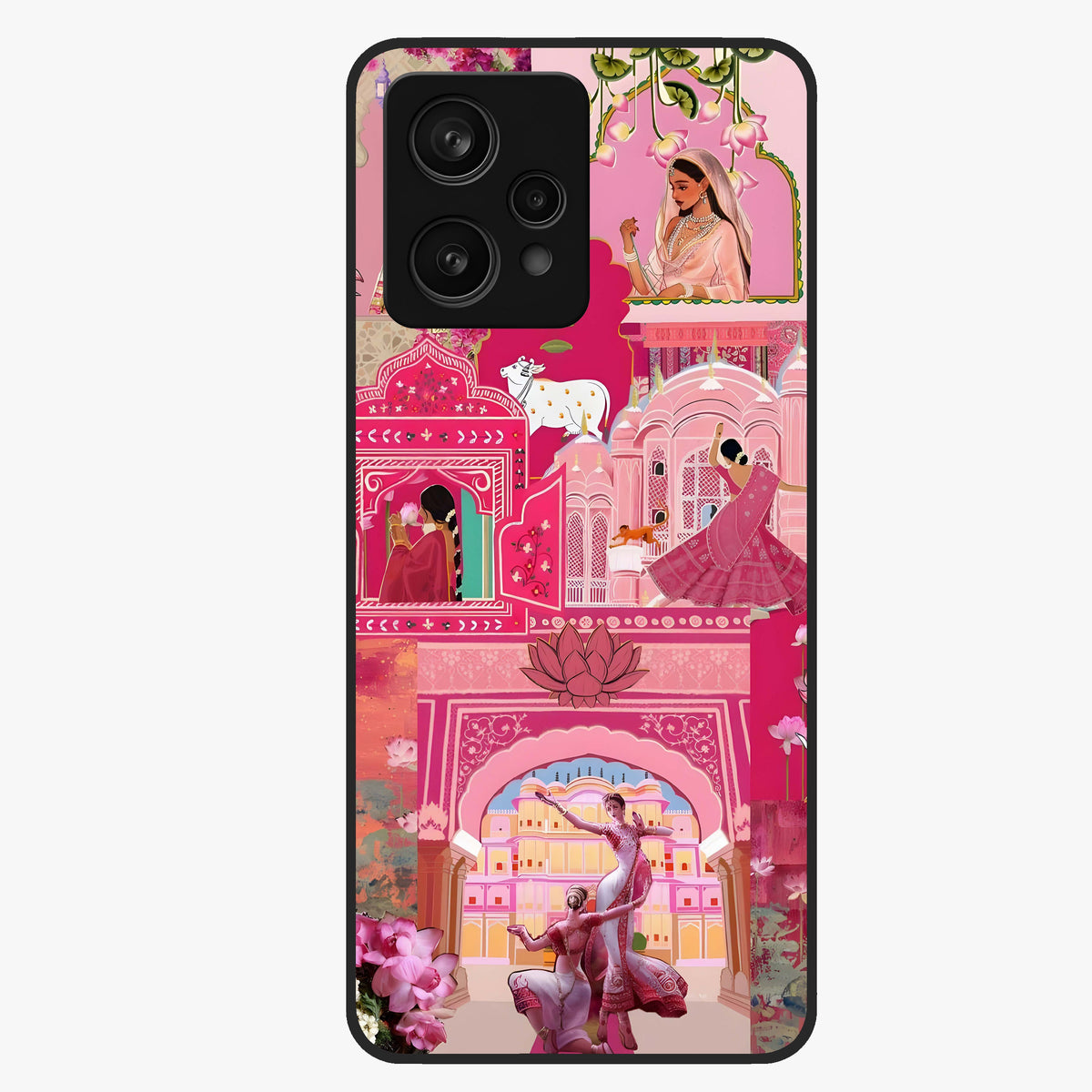 Blossoms of Rajasthan Glass Case showing flat back view with traditional floral artwork inspired by Rajasthan and glossy glass finish.