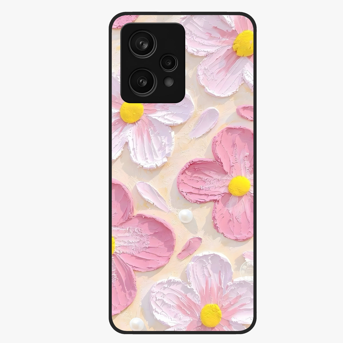 Blush Bloom Texture Glass Case showing flat back view with soft blush floral texture artwork and glossy glass finish.