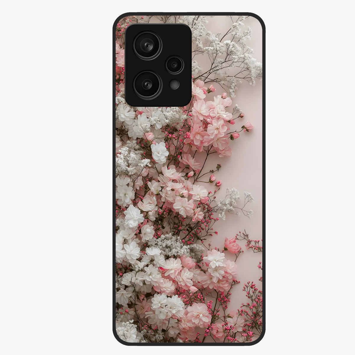 Blush Blossom Cloud Glass Case showing flat back view with dreamy blush cloud blossom artwork and glossy glass finish.