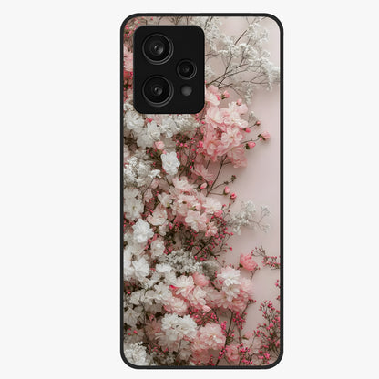 Blush Blossom Cloud Glass Case showing flat back view with dreamy blush cloud blossom artwork and glossy glass finish.