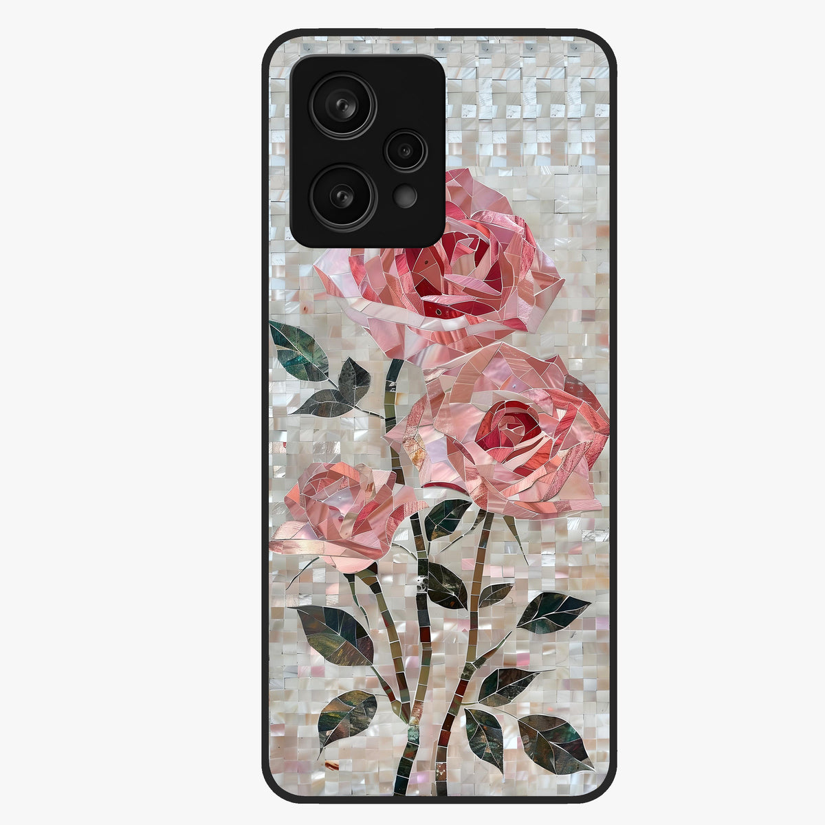 Blush Mosaic Bloom Glass Case showing flat back view with mosaic floral bloom artwork and glossy glass finish.