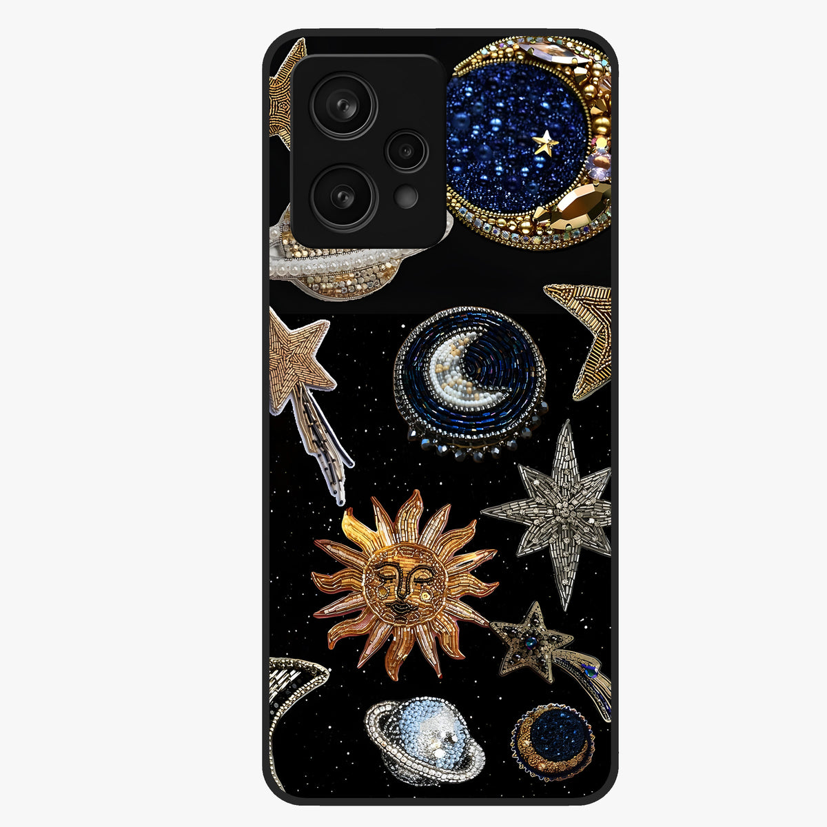 Celestial Gem Constellations Glass Case showing flat back view with sparkling constellation artwork and glossy glass finish.