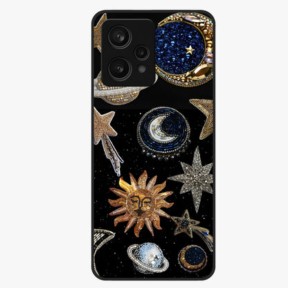 Celestial Gem Constellations Glass Case showing flat back view with sparkling constellation artwork and glossy glass finish.