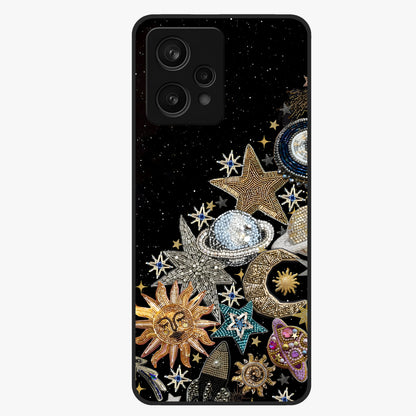 Cosmic Sparkle Dreams Glass Case showing flat back view with sparkling cosmic artwork and glossy glass finish.