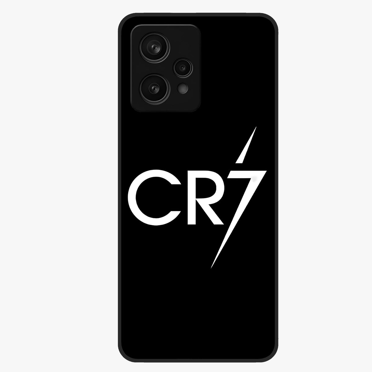 Cr7 Elite Strike Glass Case showing flat back view with dynamic football inspired artwork and glossy glass finish.