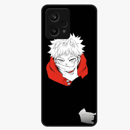 Crimson Chaos Smile Glass Case showing flat back view with bold chaotic smile artwork and glossy glass finish.