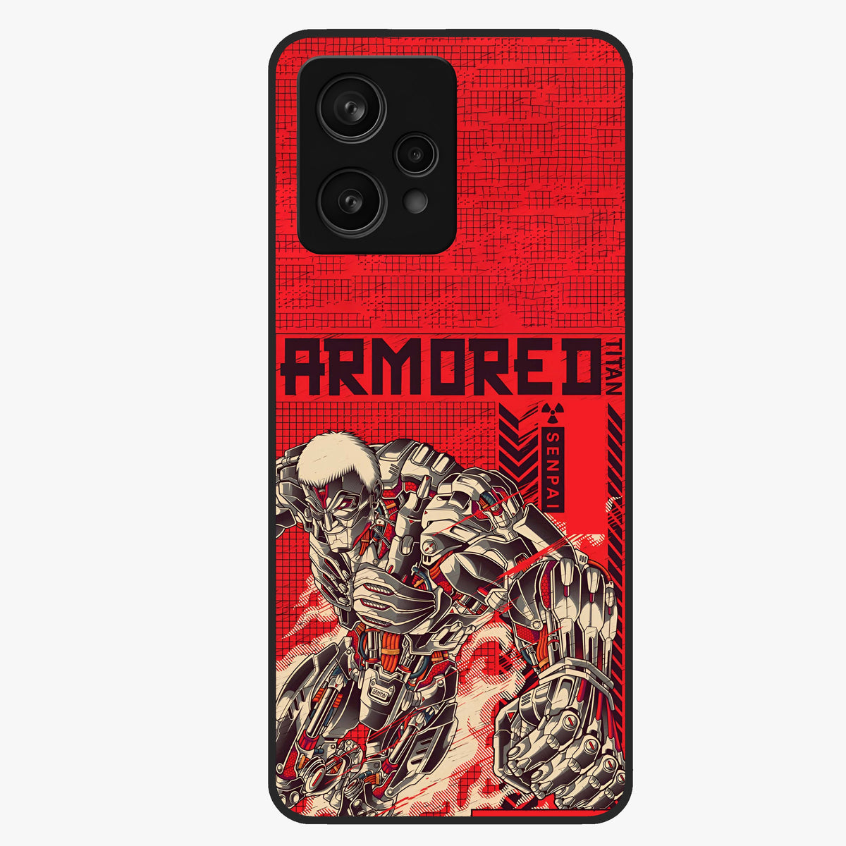 Crimson Mecha Titan Glass Case showing flat back view with powerful mech titan artwork and glossy glass finish.
