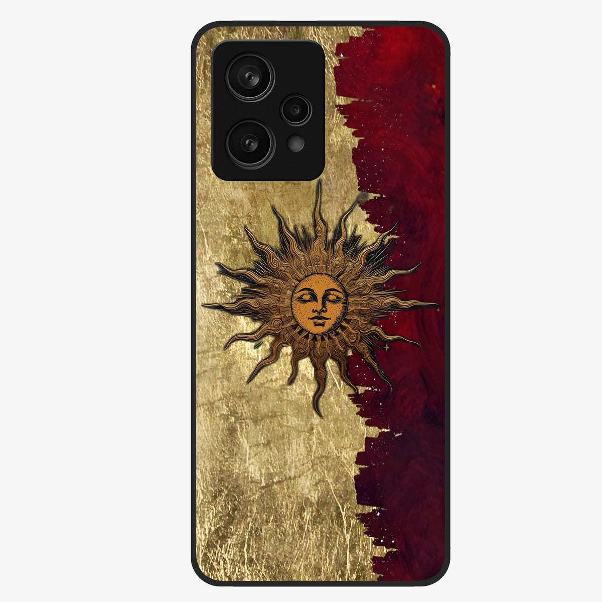 Crimson Sun Majesty Glass Case showing flat back view with radiant sun inspired artwork and glossy glass finish.