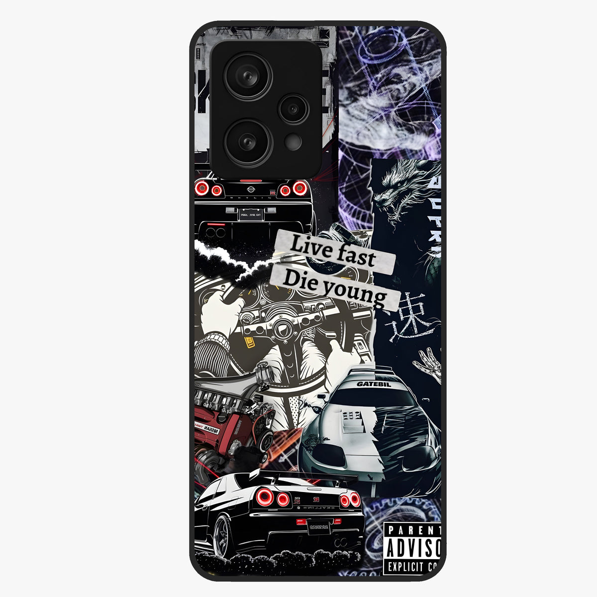 Die Young Glass Case showing flat back view with bold artistic typography design and glossy glass finish.