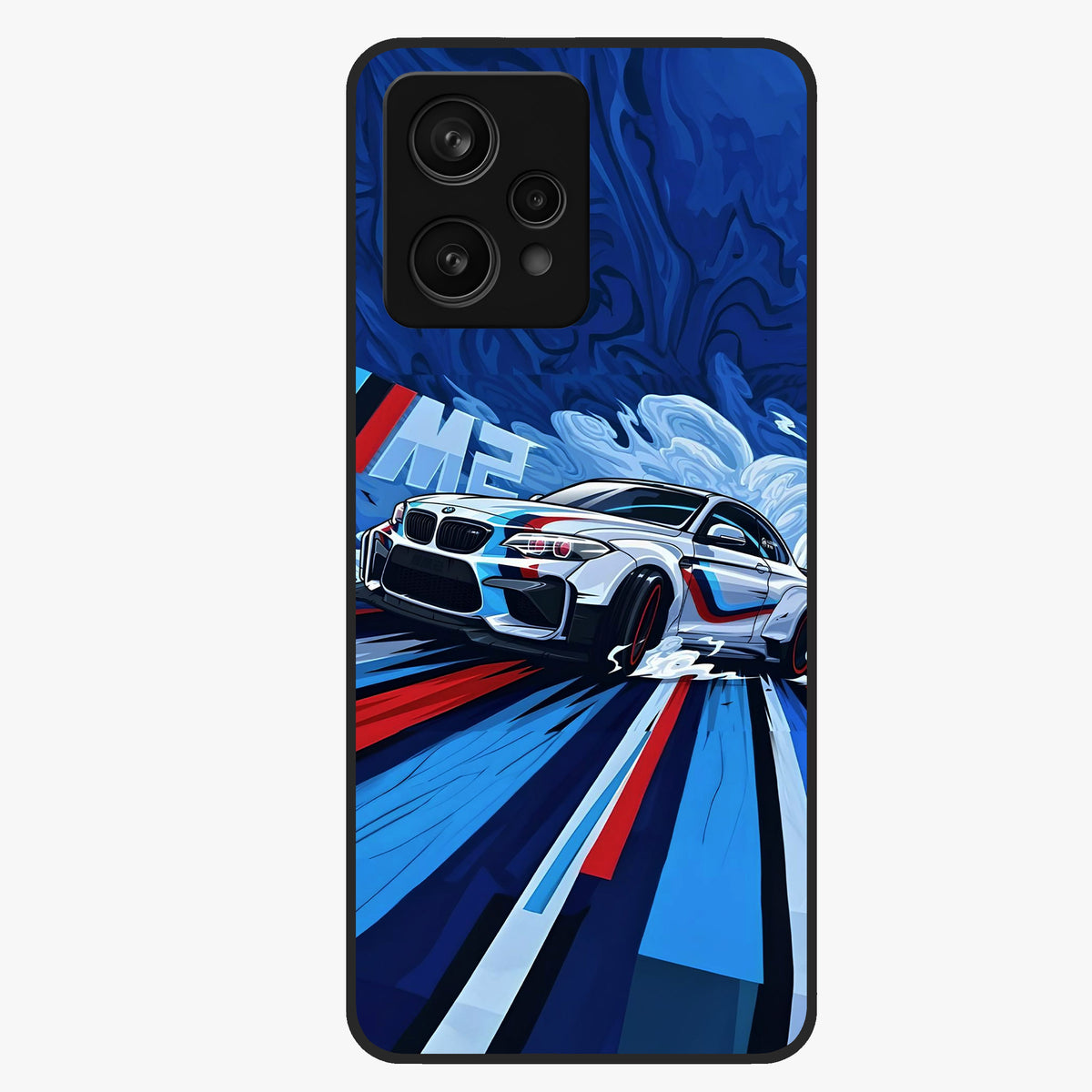 Drift Power Rush Glass Case showing flat back view with dynamic racing inspired artwork and glossy glass finish.