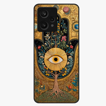 Ethereal Evil Eye Glass Case showing flat back view with mystical evil eye artwork and glossy glass finish.