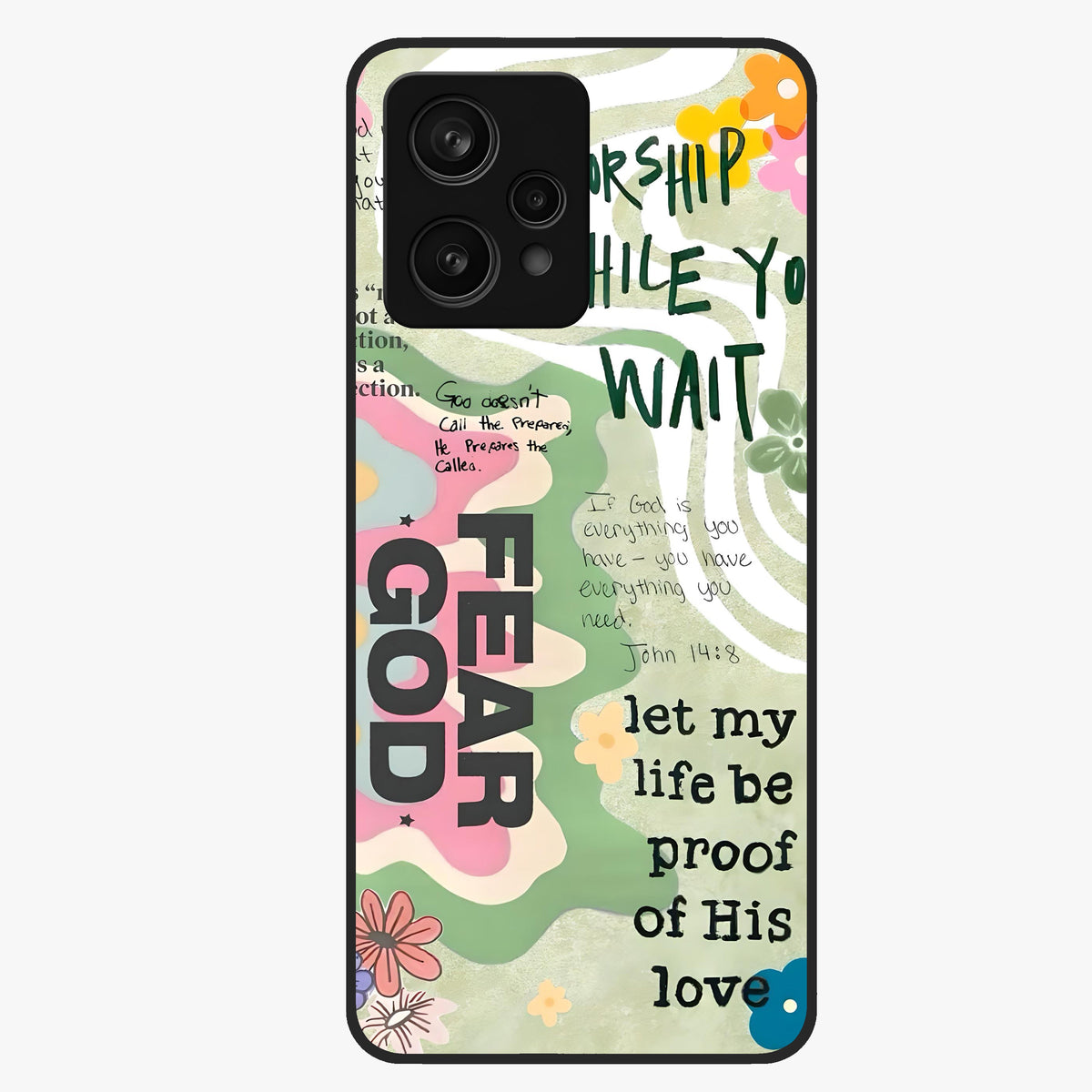 Faith Over Fear Glass Case showing flat back view with motivational typography artwork and glossy glass finish.