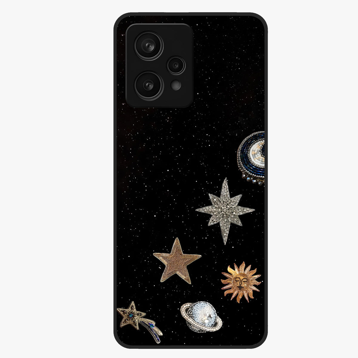 Galactic Charm Glow Glass Case showing flat back view with glowing celestial charm artwork and glossy glass finish.