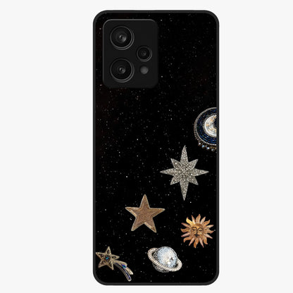 Galactic Charm Glow Glass Case showing flat back view with glowing celestial charm artwork and glossy glass finish.