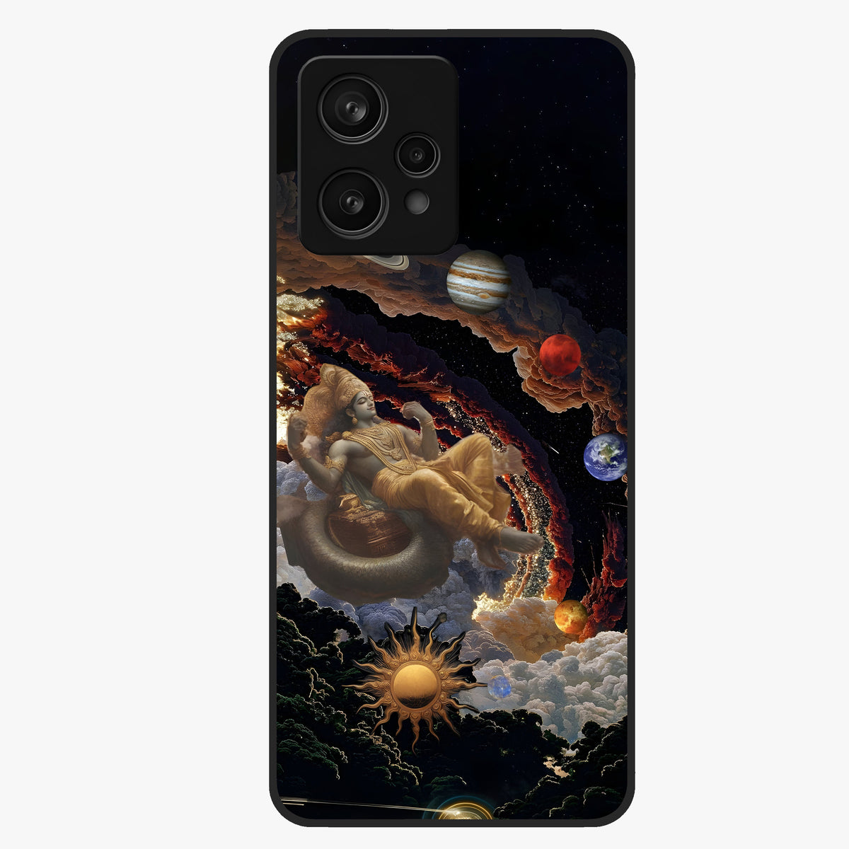 Galactic Divine God Glass Case showing flat back view with divine cosmic themed artwork and glossy glass finish.