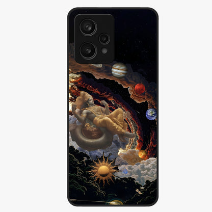 Galactic Divine God Glass Case showing flat back view with divine cosmic themed artwork and glossy glass finish.