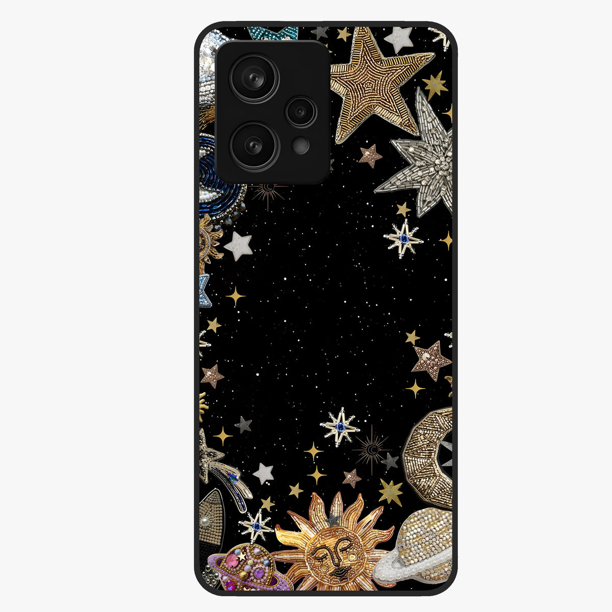 Galactic Jewel Stars Glass Case showing flat back view with sparkling star jewel artwork and glossy glass finish.