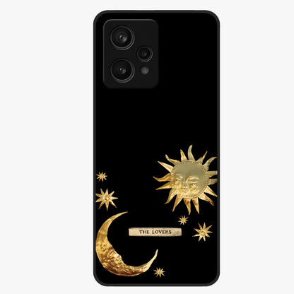 Golden Celestial Charm Glass Case showing flat back view with golden celestial charm artwork and glossy glass finish.