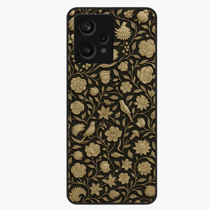 Golden Floral Majesty Glass Case showing flat back view with luxurious golden floral artwork and glossy glass finish.