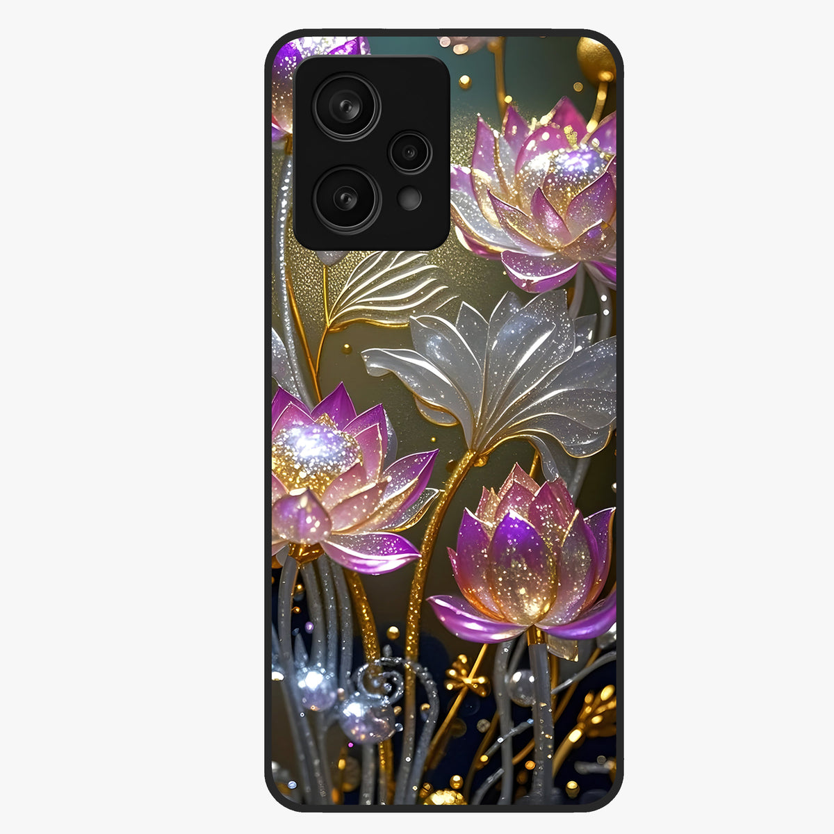 Golden Lotus Glow Glass Case showing flat back view with glowing lotus flower artwork and glossy glass finish.