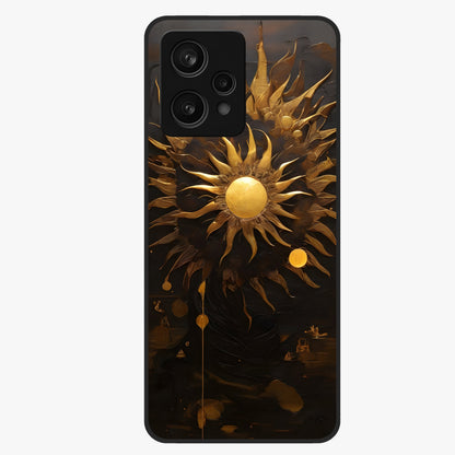 Golden Sun Majesty Glass Case showing flat back view with radiant golden sun artwork and glossy glass finish.