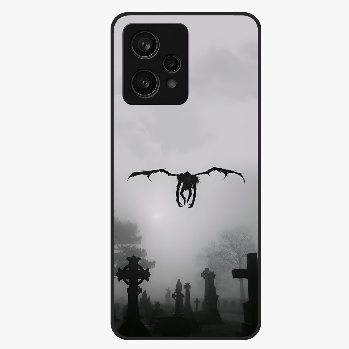 Graveyard Shadow Descent Glass Case showing flat back view with dark graveyard themed artwork and glossy glass finish.