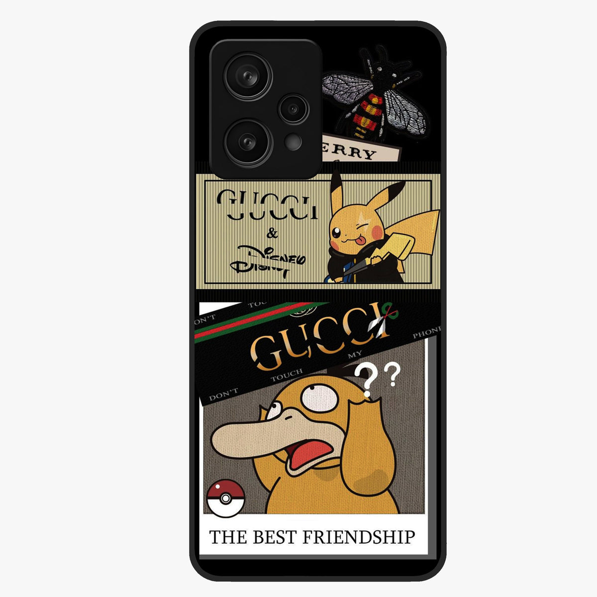 Gucci Play Mashup Glass Case showing flat back view with luxury inspired graphic artwork and glossy glass finish.