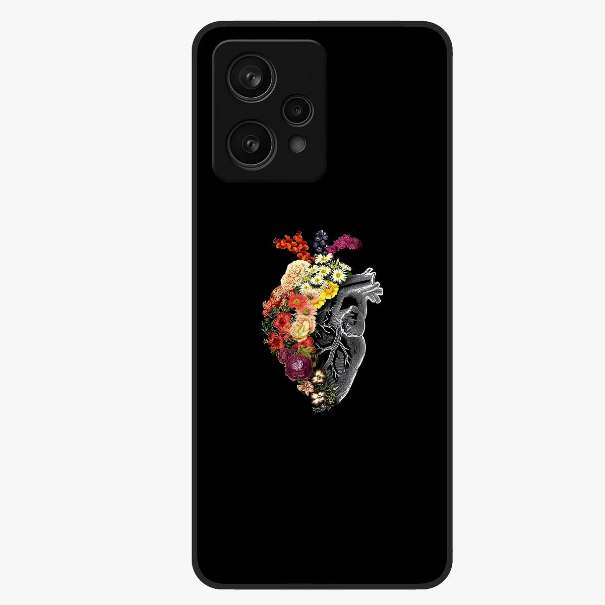 Heart With Flowers Glass Case showing flat back view with heart shaped floral artwork and glossy glass finish.