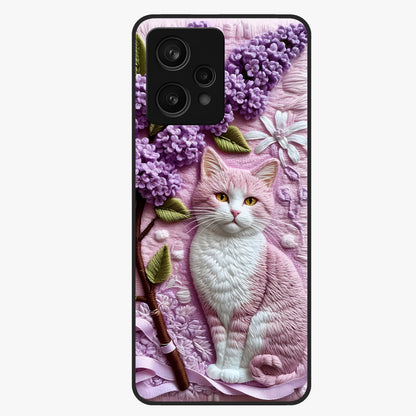 Lavender Cat Whimsy Glass Case showing flat back view with cute lavender cat artwork and glossy glass finish.