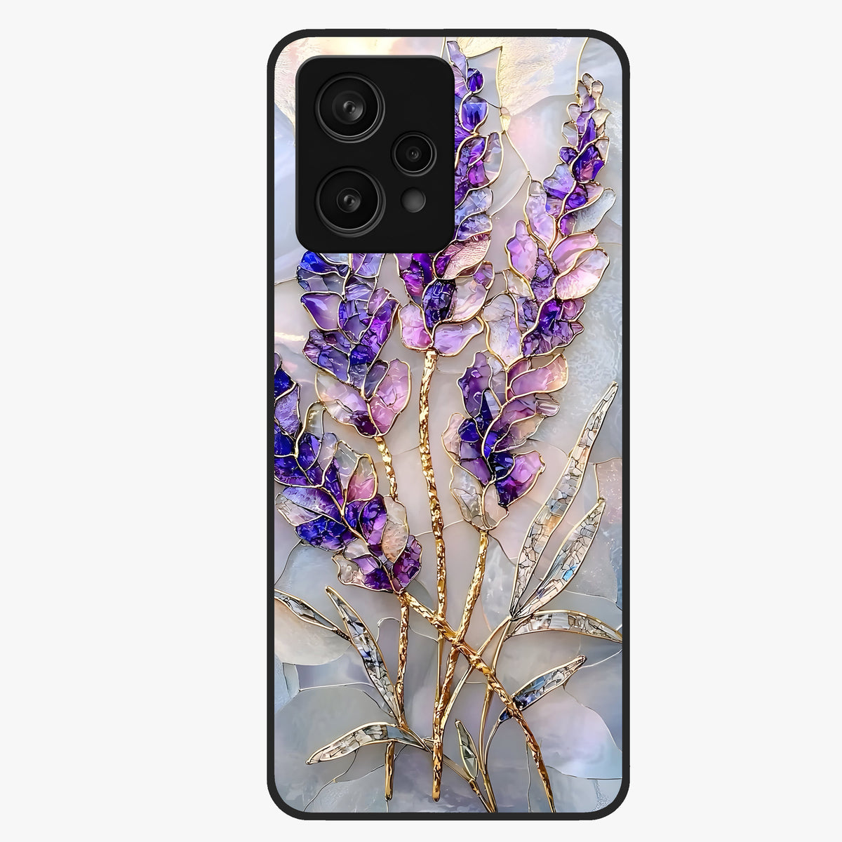 Lavender Dream Glow Glass Case showing flat back view with glowing lavender aesthetic artwork and glossy glass finish.
